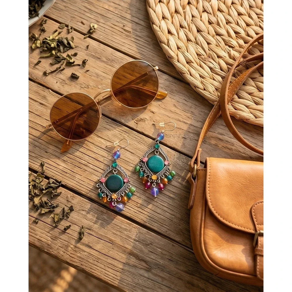 Boho Chic Dangle Earrings‎ Silver Tone Colorful Bead Statement Jewelry
